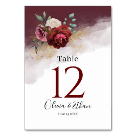Numeração De Mesa Burgundy Watercolor Blooms Dourada Brilhante