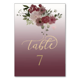 Numeração De Mesa Caligrafia dourada floral em aquarela burgundy