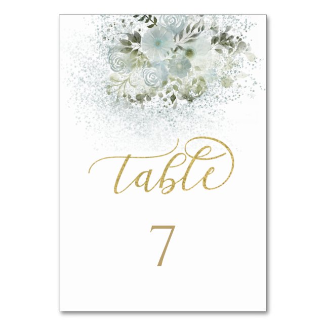 Numeração De Mesa Caligrafia dourada floral romântica em azul poeire (Frente)