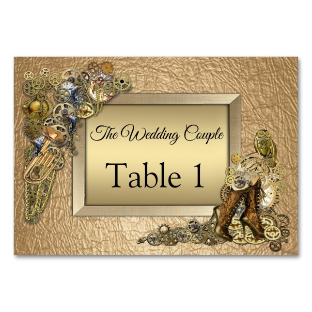 Numeração De Mesa Cartas de mesa em couro dourado Steampunk (Frente)