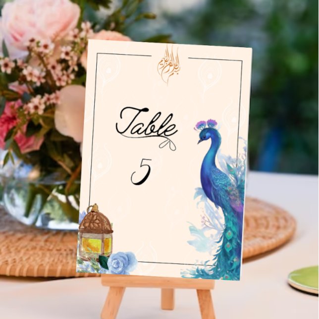 Numeração De Mesa Carto de mesa muçulmano estilo pavão ilustrado (Illustrated Peacock Bismillah table Sign)