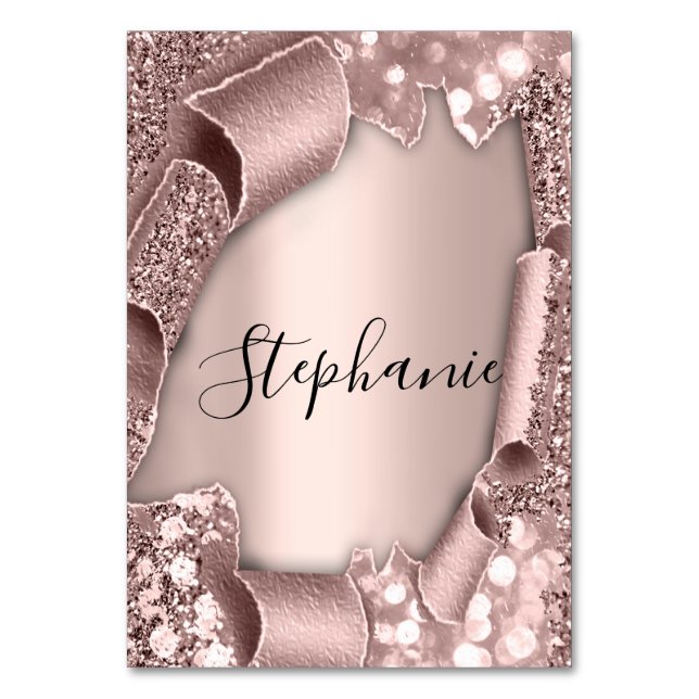 Numeração De Mesa Casamento 3D Com Glitter De Rosa De Nome de etique (Frente)