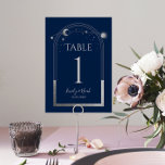 Numeração De Mesa Casamento Astronômico da Lua Solar Azul Místico<br><div class="desc">Números de mesa de casamento da Astronomia do Sol Azul Místico Astronomy Blue Silver Sun apresenta sol dourado, lua e estrelas com uma moldura prateada sobre fundo preto. Dentro é a sua informação de convite de casamento. Personalize editando o texto nas caixas de texto. NOTA: personalize com os números de...</div>