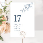 Numeração De Mesa Casamento Azul Botânico Elegante<br><div class="desc">Guie seus hóspedes para a mesa deles com este cartão elegante da mesa de casamento. Na moda e design simples com nomes para o lado, juntamente com o "e" na caligrafia moderna manuscrita. Delicado detalhe de canto botânico verde desenhado à mão. Por favor, faça um pedido individual para o número...</div>