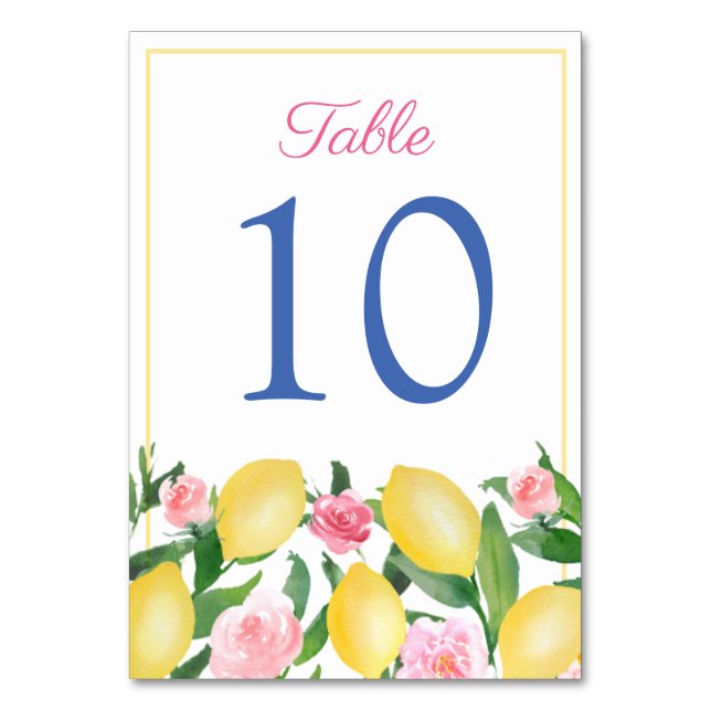 Numeração De Mesa Casamento Azul Cobalto Limões Aquarela Amalfi Rosa (Frente)