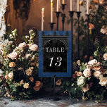 Numeração De Mesa Casamento Azul de Arco Negro Gótico<br><div class="desc">Traga seus convidados para um mundo de elegância escura e encantadora com nossa vintage gótica placa de número da mesa de casamento. O fundo azul real, profundo e envelhecido, estabelece a palco de um contraste impressionante, à medida que o texto branco em negrito emerge de intrincadas caixas de texto em...</div>