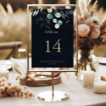 Numeração De Mesa Casamento Azul de Caligrafia Floral Dourada Eucaly<br><div class="desc">Este eucalipto de ouro floral caligrafia azul é perfeito para um casamento rústico. Este design artístico apresenta folhagem verde de ouro, feita à mão, e cor d'água, eucalipto, em um fundo azul escuro, inspiradora beleza natural. Este é um número de tabela de dois lados. Adicione cada número de tabela de...</div>