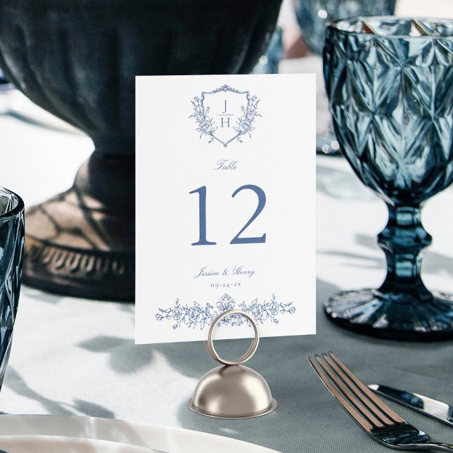 Numeração De Mesa Casamento Azul de Crest Floral Regência Elegante (Criador carregado)