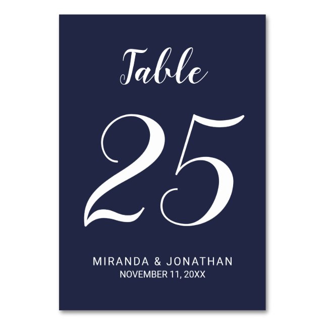 Numeração De Mesa Casamento Azul do Marinho de Script Moderno (Frente)