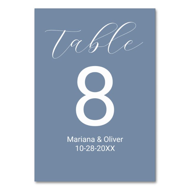Numeração De Mesa Casamento Azul Dusty, Script Elegante (Frente)
