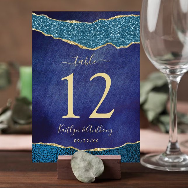 Numeração De Mesa Casamento Azul e Agato Dourado do Marinho Elegante (Criador carregado)