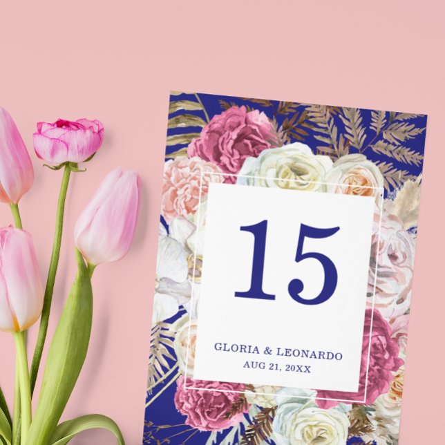 Numeração De Mesa Casamento Azul Marinho Floral Boho Romântico (Criador carregado)