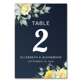 Numeração De Mesa Casamento azul-marinho floral de rosas amarelas