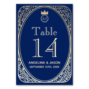 Numeração De Mesa Casamento Azul Naval e Dourado Elegante
