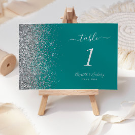 Numeração De Mesa Casamento Azul Teal Prata Moderno com Brilho na Bo