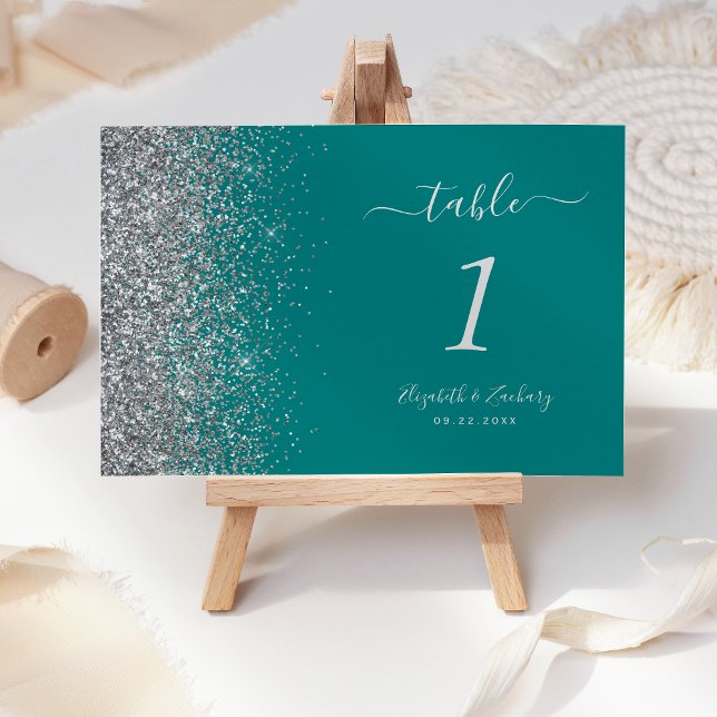 Numeração De Mesa Casamento Azul Teal Prata Moderno com Brilho na Bo (Criador carregado)