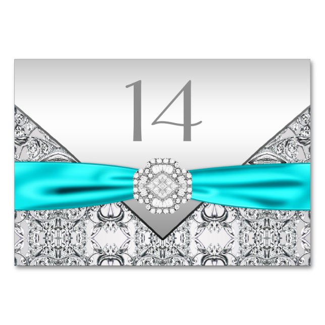 Numeração De Mesa Casamento Azul Teal Prateado Elegante (Frente)