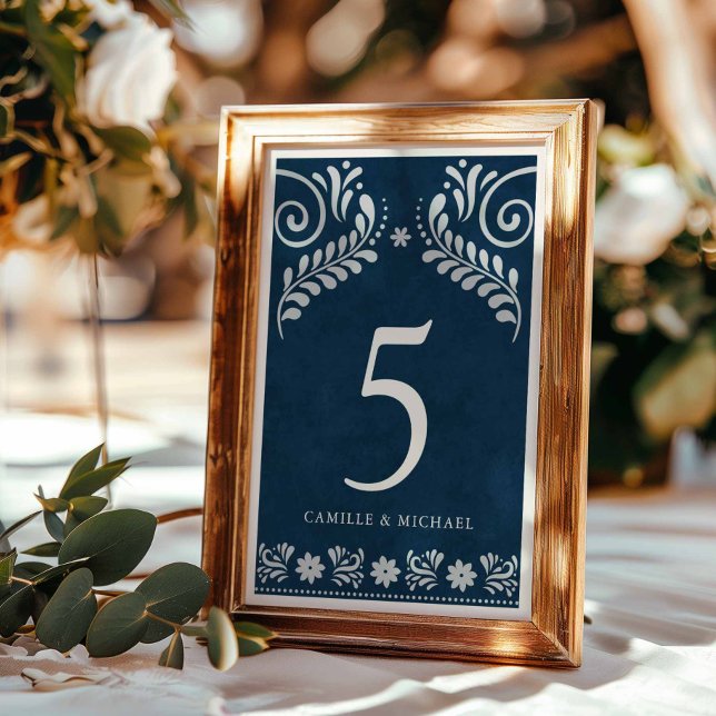 Numeração De Mesa Casamento Blue Terracotta Mexicano (Blue Papel Picado Mexican Table Number Card)