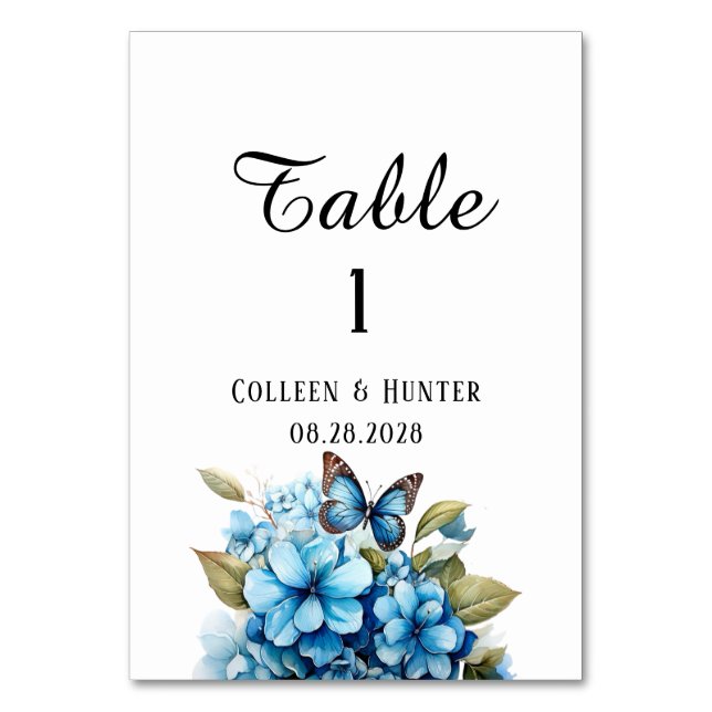Numeração De Mesa Casamento Borboleta Floral Hortênsia Azul Chic (Frente)
