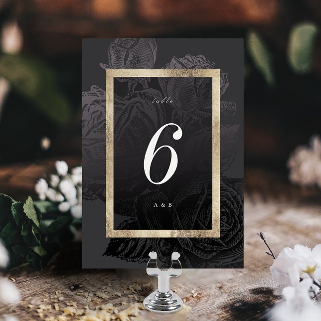 Numeração De Mesa Casamento botânico de ouro preto Luxe rosa (Luxe rose black gold vintage botanical wedding table number card)