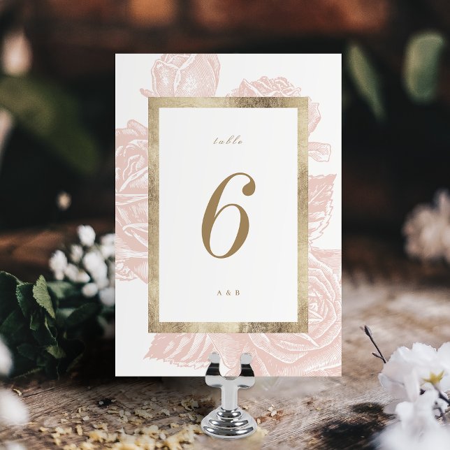 Numeração De Mesa Casamento botânico de rosa de luxo (Luxe rose blush gold vintage botanical wedding table number card)