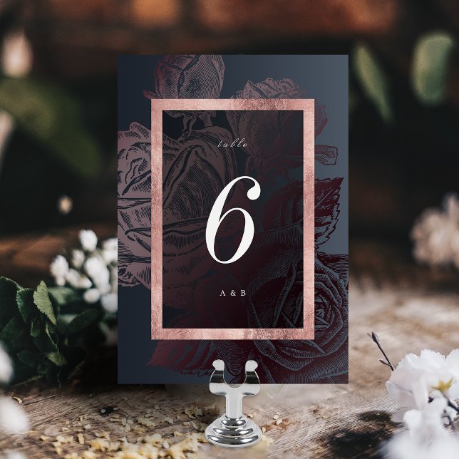 Numeração De Mesa Casamento botânico de rosa de luxo (Luxe rose gold moody vintage botanical wedding table number card)
