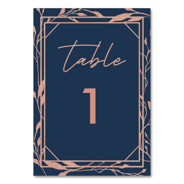 Numeração De Mesa Casamento Botânico Elegante Azul Marinho e Dourado (Frente)