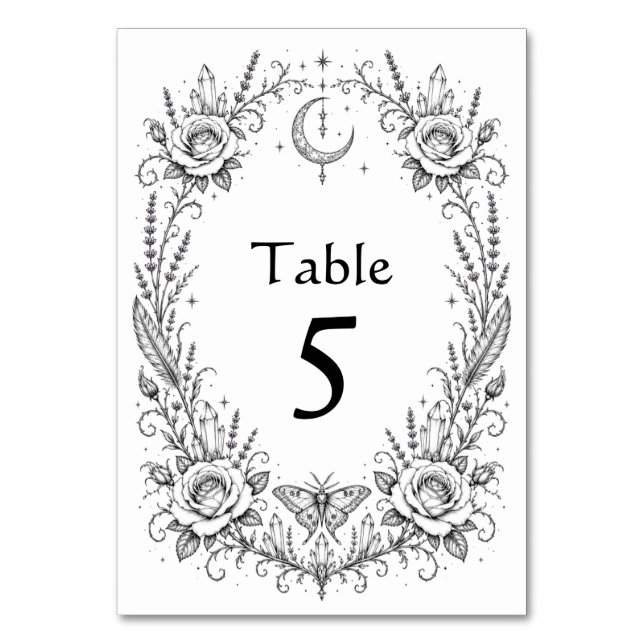 Numeração De Mesa Casamento Botânico Gótico Preto e Branco (Frente)