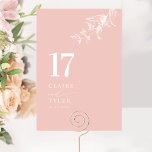 Numeração De Mesa Casamento Botânico Mínimo e Elegante Cor-de-Rosa E<br><div class="desc">Guie seus convidados para a mesa deles com este cartão de número de mesa de casamento branco e rosa-pincel elegante. Na moda e design simples com nomes para o lado, juntamente com o "e" na caligrafia moderna manuscrita. Delicado detalhe de canto botânico verde desenhado à mão. Por favor, faça um...</div>