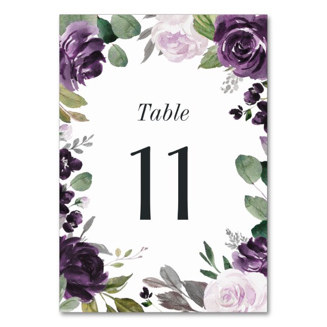 Numeração De Mesa Casamento Branca Floral Elegante Roxo e Prata (Frente)