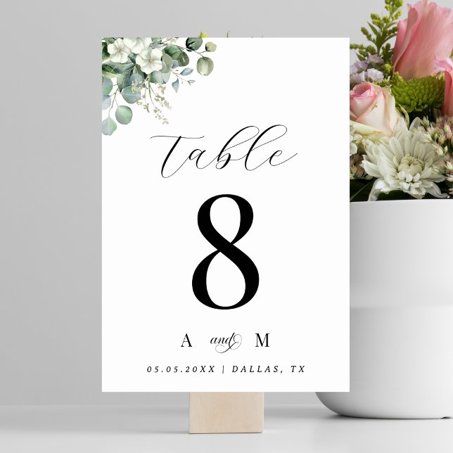 Numeração De Mesa Casamento Branco Elegante Eucalyptus Floral & Mono (Criador carregado)