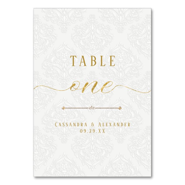 Numeração De Mesa Casamento Brilho Dourado Renda Branca Script Elega (Frente)