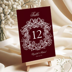 Numeração De Mesa Casamento Burgundy com Brasão Vintage Elegante