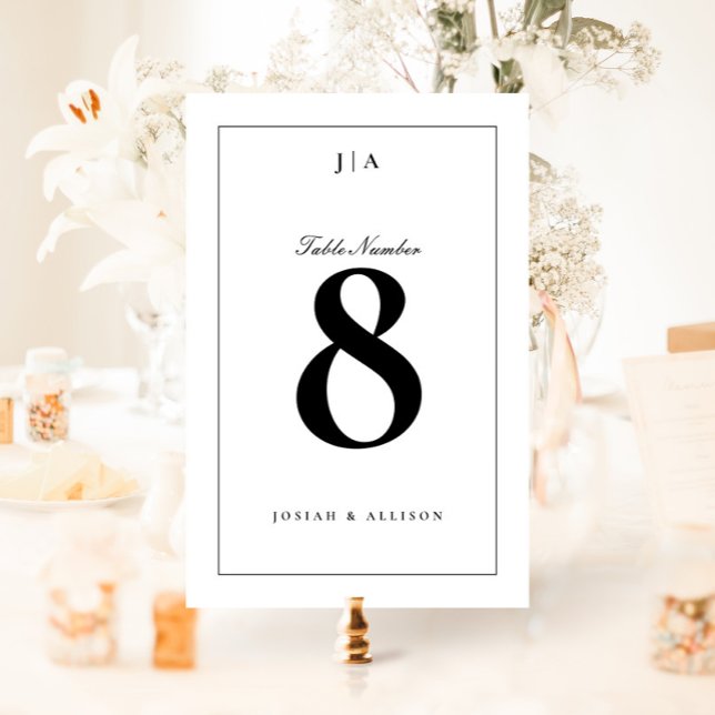 Numeração De Mesa Casamento Clássico Preto e Branco (Elegant black and white wedding monogram table numbers.)