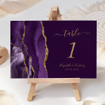 Numeração De Mesa Casamento com ameixa Dourada<br><div class="desc">A borda esquerda desta elegante e moderna placa de número da mesa de casamento apresenta uma cor d'água púrpura e borda agitada com falso brilho dourado. O texto personalizável combina manuscritos dourados e fontes itálicas e em placas em um fundo de ameixa rico.</div>