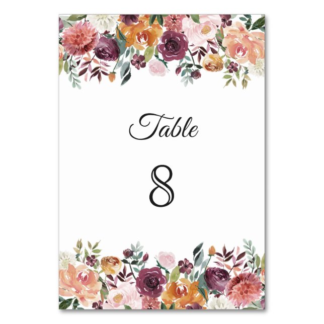 Numeração De Mesa Casamento com Bordas Florais Bege e Borgonha (Frente)