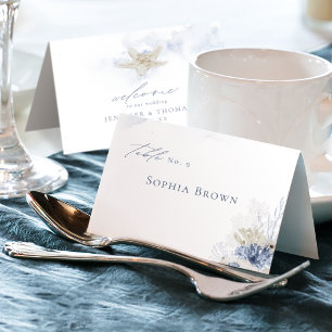 Numeração De Mesa Casamento com coral de aquarela azul e conchas