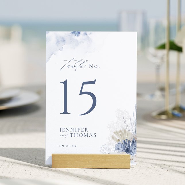 Numeração De Mesa Casamento com coral de aquarela azul e conchas (Blue watercolor coral & seashells beach Wedding Table Number)