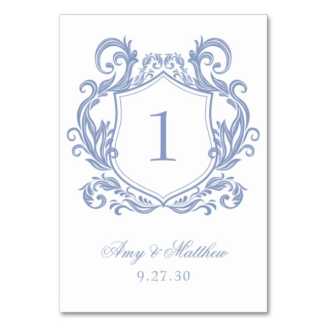 Numeração De Mesa Casamento com Crista Azul Poeirento Elegante (Frente)