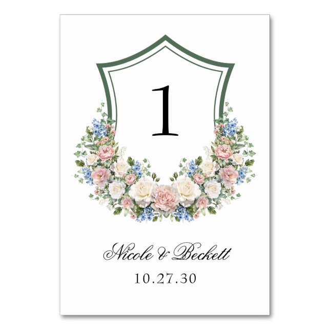 Numeração De Mesa Casamento com Crista Floral Azul Empoeirado (Frente)