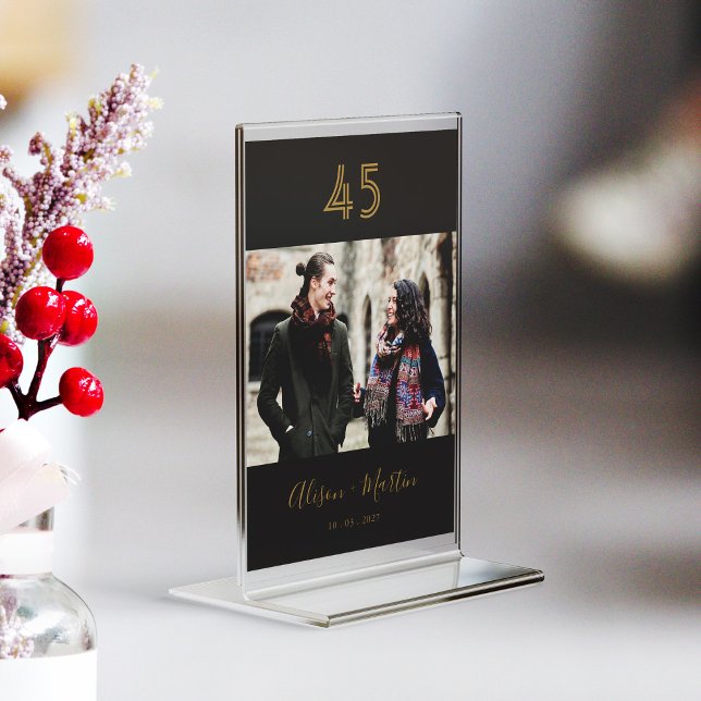 Numeração De Mesa Casamento com Fotografias com Letra Chic Black & D (Personalized Chic Black & Gold Hand Lettered Photo Wedding Table Number)