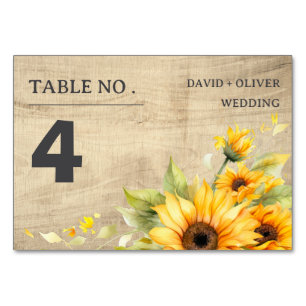 Numeração De Mesa Casamento com Girassol Rústico e Fundo de Madeira