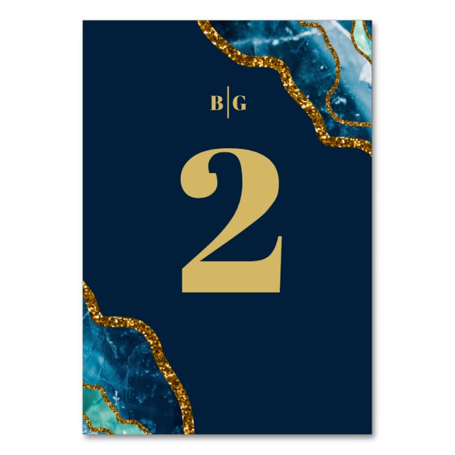 Numeração De Mesa Casamento com Glitter de Geodo Agato Azul e Dourad (Frente)