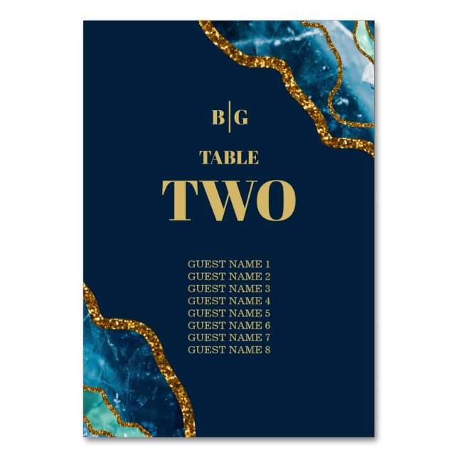 Numeração De Mesa Casamento com Glitter de Geodo Agato Azul e Dourad (Frente)
