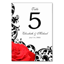 Numeração De Mesa Casamento com Rosa Vermelha e Floreio Preto