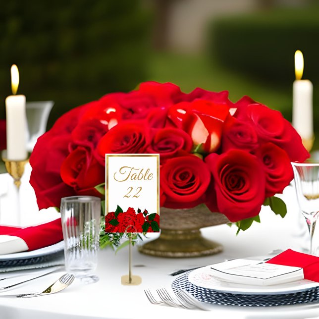 Numeração De Mesa Casamento com Rosas vermelhas Douradas Românticas  (Criador carregado)