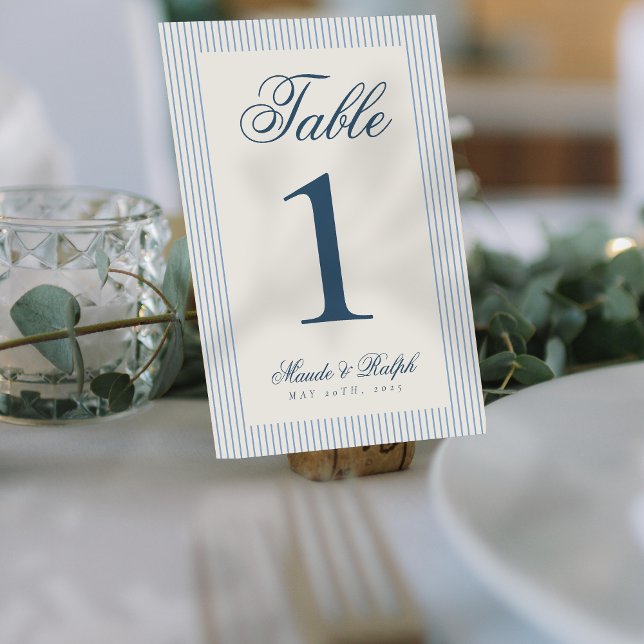 Numeração De Mesa Casamento com Stripe Azul de eterno Antigo (Guide guests to their seats using these Timeless Old Money Thin Stripe Wedding Table Numbers! )