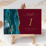 Numeração De Mesa Casamento com Teal Dourado Agate Burgundy<br><div class="desc">A borda esquerda desta elegante e moderna placa de número da mesa de casamento apresenta uma cor azul-lacrimogênea,  borda agitada com falso brilho dourado. O texto personalizável combina manuscritos dourados,  fontes itálicas e em placas em um fundo vermelho arrojado.</div>
