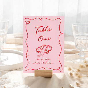 Numeração De Mesa Casamento Cor-de-Rosa e Vermelho Desenhado à Mão C