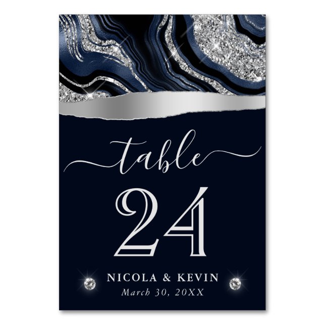Numeração De Mesa Casamento de Ágata com Folha Azul e Glitter Prata  (Frente)